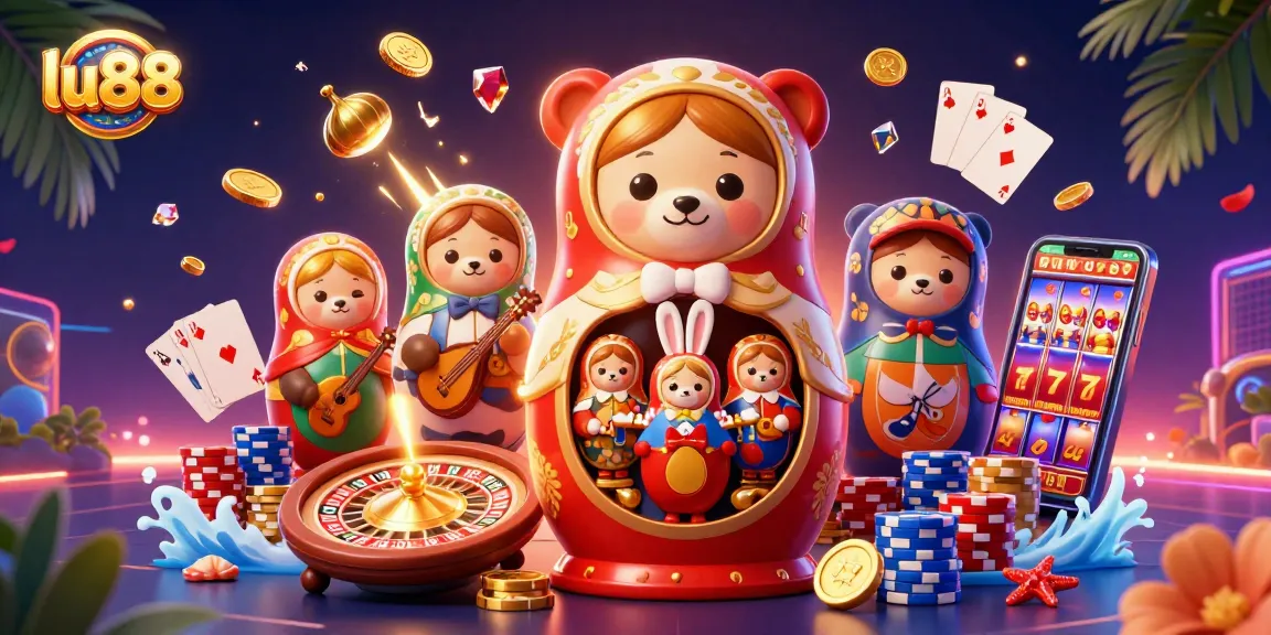 Engage with lu88's vibrant casino world featuring 3D cartoon bears and gaming elements.