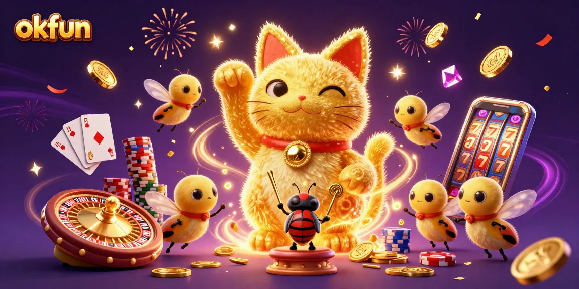 Experience okfun's captivating lucky cat and casino symbols in vibrant 3D action.
