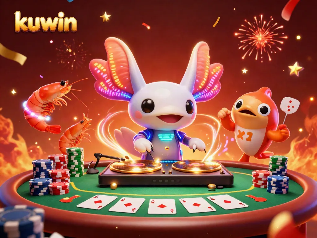 Kuwin's vibrant gaming scene featuring a neon axolotl DJ, poker action, and colorful casino atmosphere.