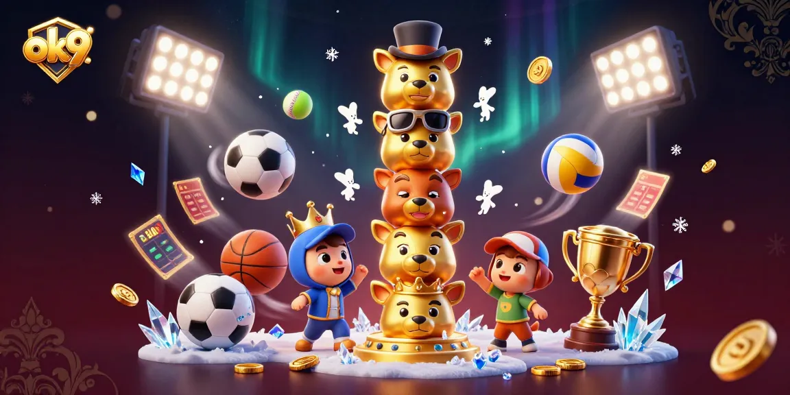 Experience thrilling gambling with ok9 featuring dynamic sports elements and a golden totem in a vibrant 3D scene.