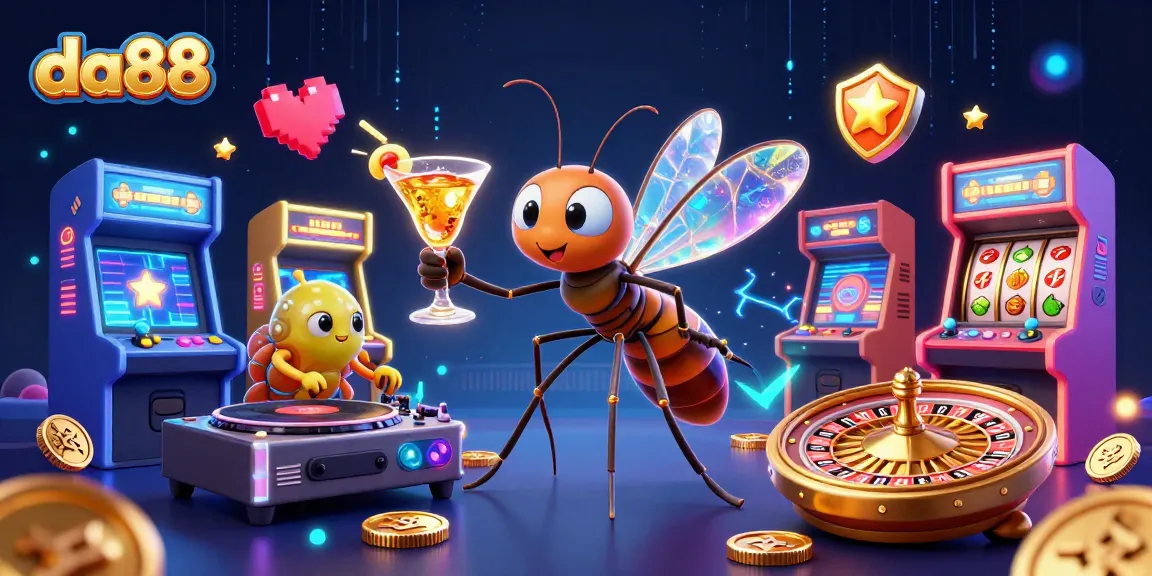 Engage with da88’s vibrant casino scene featuring a mascot, DJ, and roulette wheel.