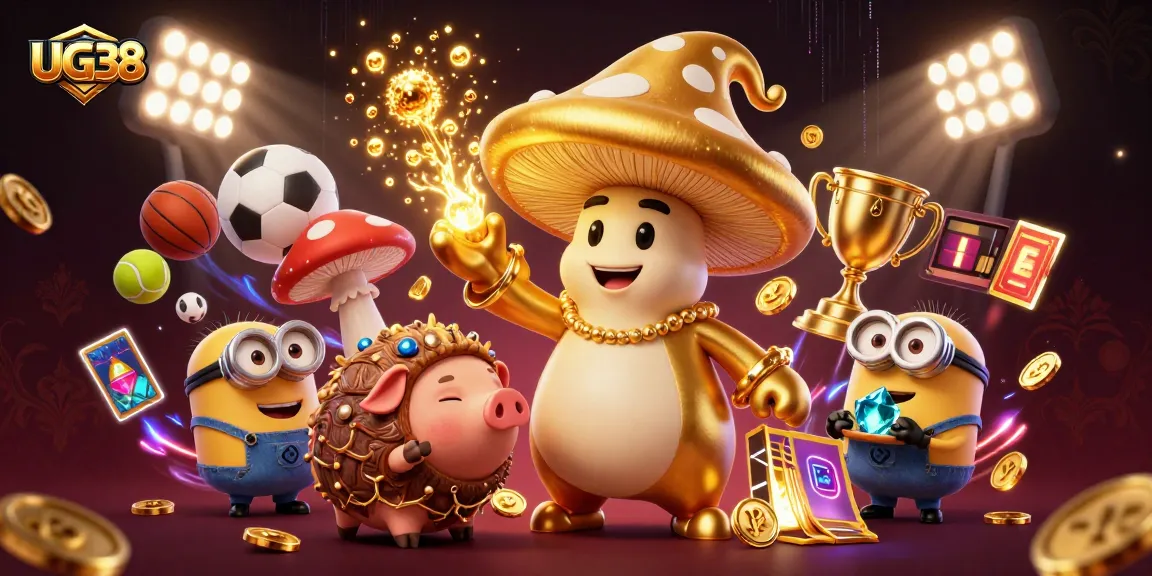 Players engage with UG38 sports bets amidst a rich golden fantasy scene full of excitement.