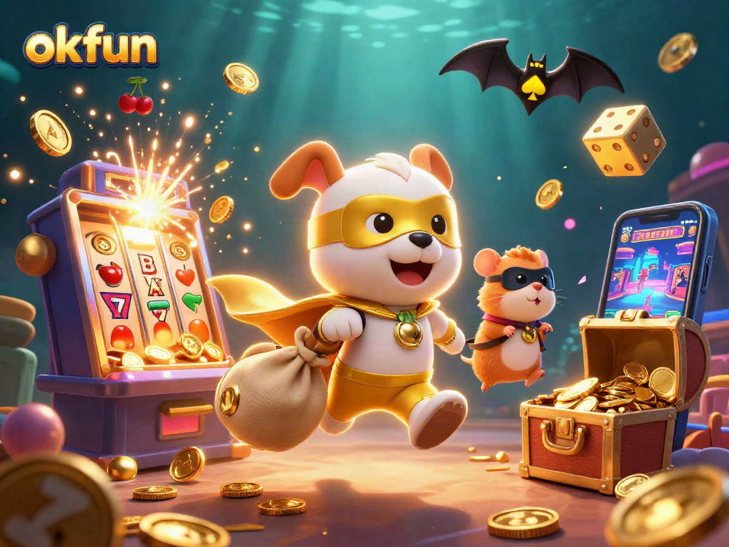 Engage in exciting casino action with okfun in this vibrant 3D illustration featuring superheroes and jackpots.