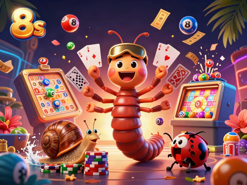 Experience exhilarating gaming with 8s—dynamic casino scene featuring unique 3D characters and vibrant elements.