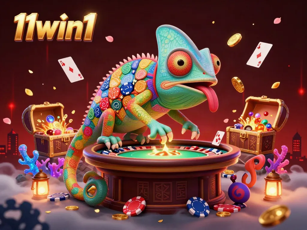Experience the vibrant casino world with 11win1 featuring a playful chameleon owner surrounded by treasures.