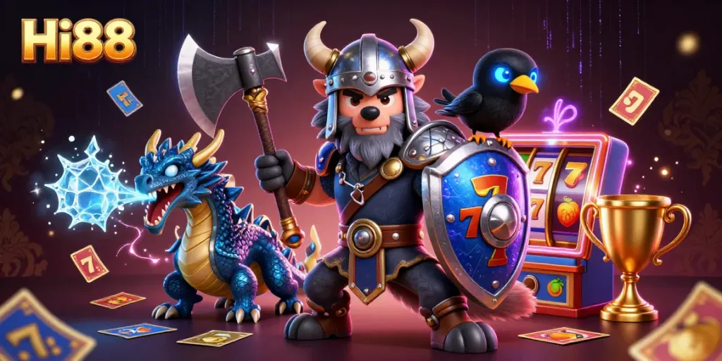 Experience thrilling moments with Hi88’s vibrant slot games, featuring Viking wolf warrior and dragon.