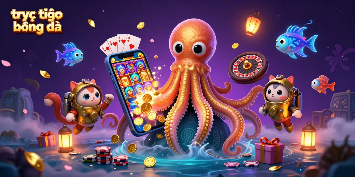 Experience trực tiếp bóng đá excitement with a 3D cartoon kraken and golden treasures amidst engaging game elements.