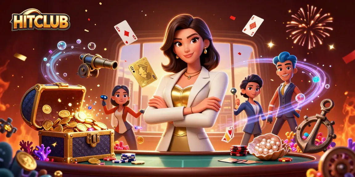 Engage with HITCLUB's vibrant casino atmosphere featuring an elegant woman holding golden cards.