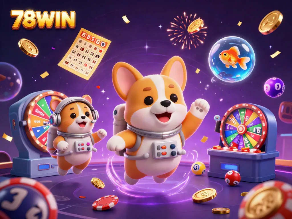 Experience exciting gameplay with 78WIN in a vibrant 3D casino scene featuring playful characters.