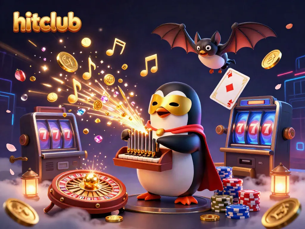 Experience the thrill at hitclub with a colorful casino scene featuring a penguin playing a golden organ amidst flying coins.