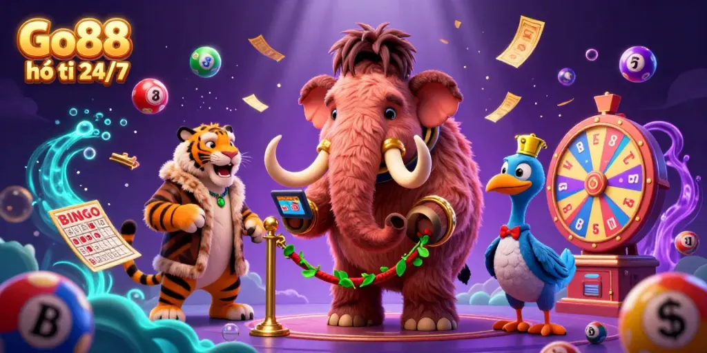 Engage with Go88 hỗ trợ 24/7, a dynamic casino scene featuring a woolly mammoth bouncer, saber-tooth tiger VIP, and dodo doorman.