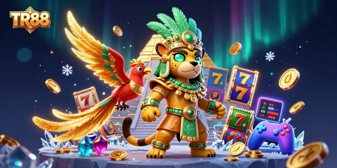 Experience the excitement of TR88 casino with vibrant slot reels, golden coins, and dynamic gaming elements.
