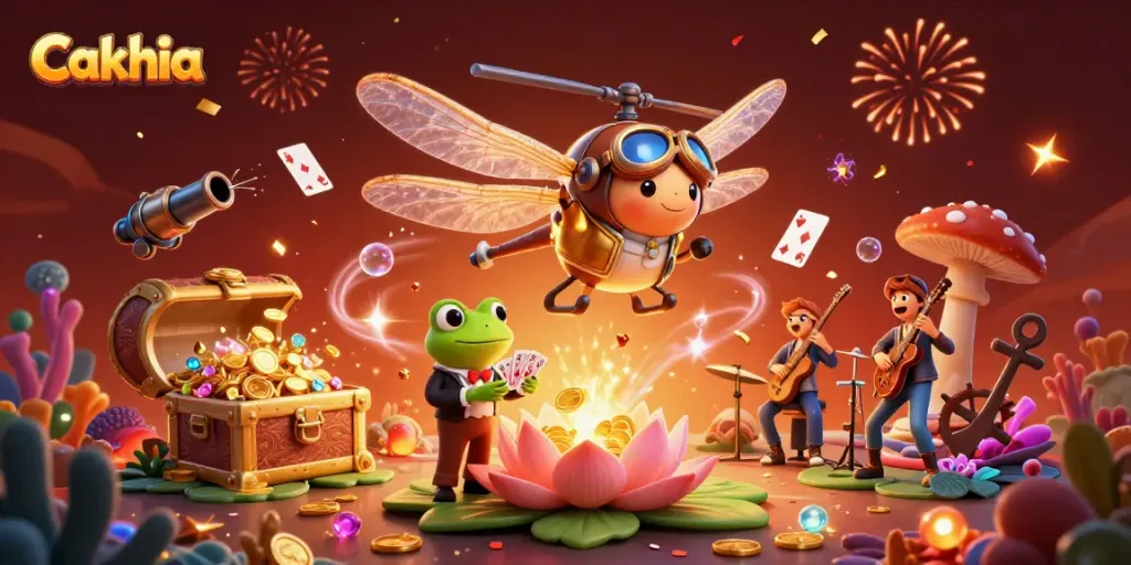 Cakhia showcases a vibrant dragonfly pilot above a lily pad casino, vibrant gambling elements abound.