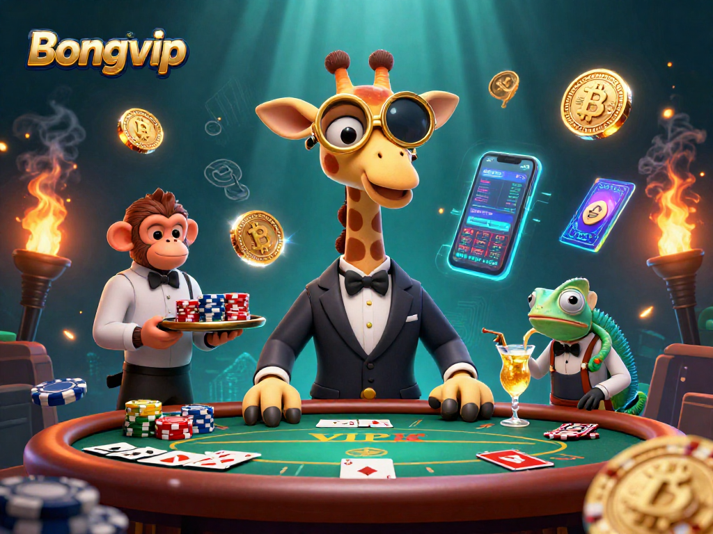 Bongvip enhances thrilling poker gameplay as a charming giraffe interacts with a monkey and chameleon, surrounded by rich casino elements.