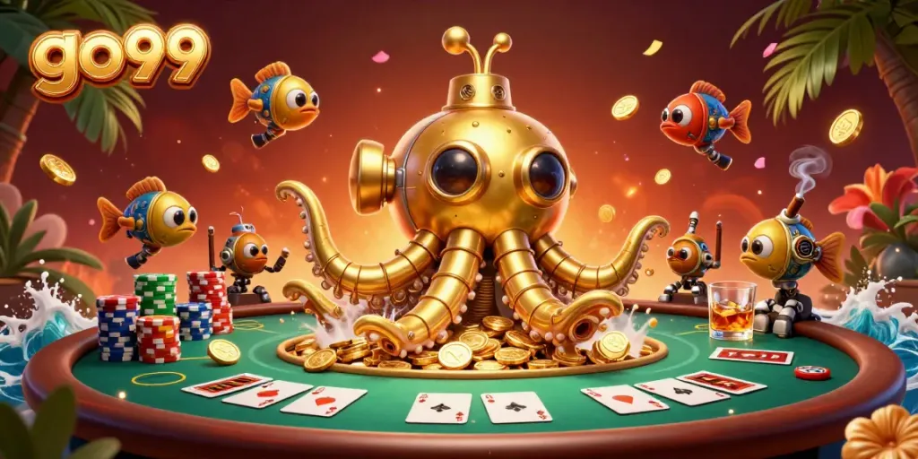Win big at go99 with a golden kraken submarine and classic poker elements.