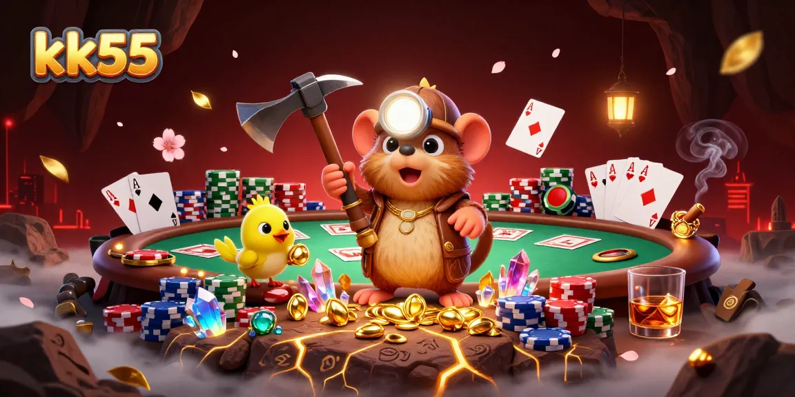 Engage with kk55's exciting casino atmosphere featuring treasure hunts and poker games in a vibrant scene.