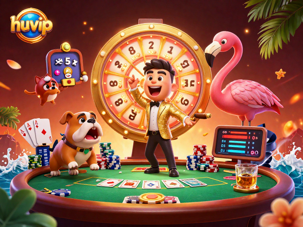Experience the excitement of huvip as the flamingo host spins the prize wheel amidst vibrant poker action.