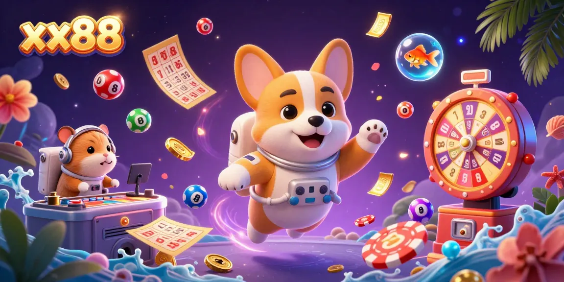 Engage with the vibrant world of xx88, a dynamic 3D cosmic casino scene featuring floating poker chips and various game elements.