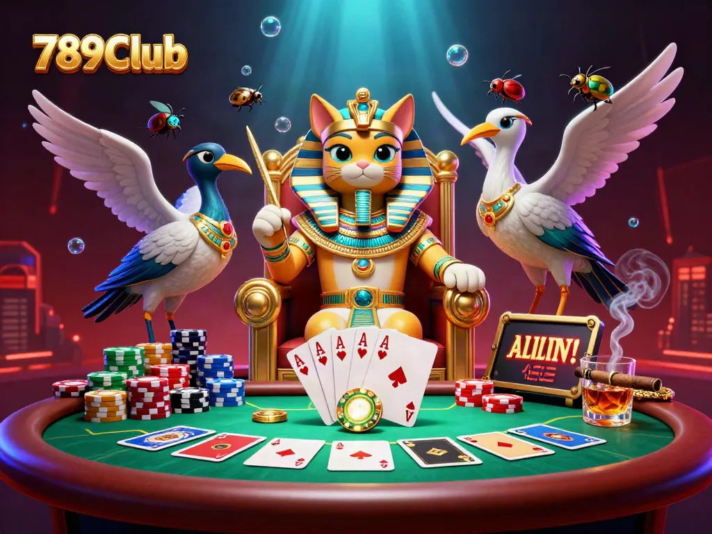 Bet on 789Club with an Egyptian pharaoh cat and vibrant poker scene, showcasing action and excitement.