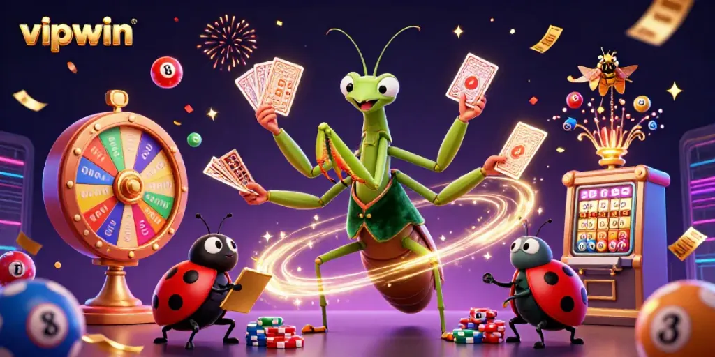 Experience the excitement of vipwin with a vibrant 3D casino illustration featuring gameplay elements.