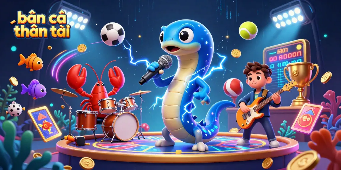 bắn cá thần tài game with vibrant electric eel DJ and dynamic sea creatures in an underwater casino scene.